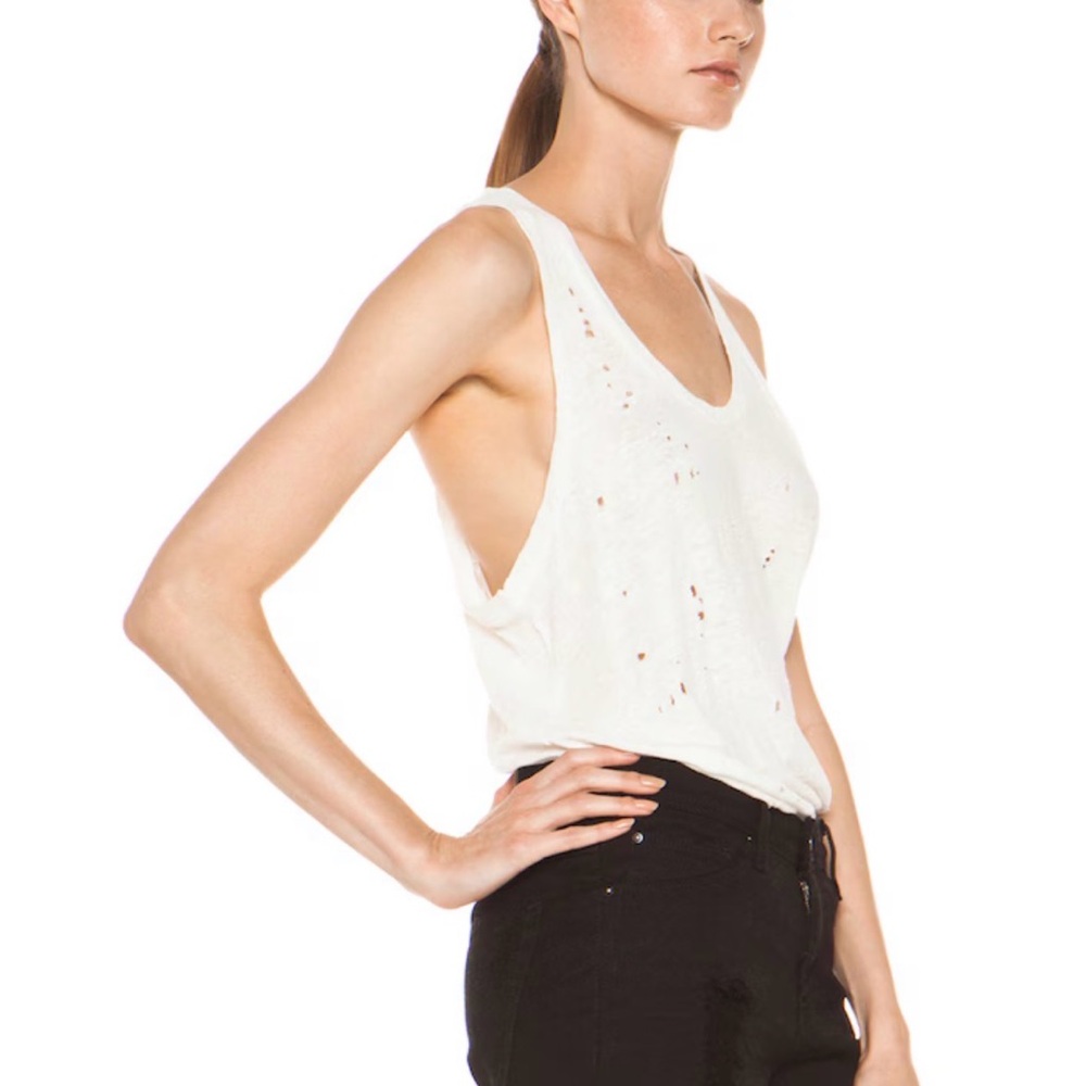 IRO Doris Linen Distressed Tank XS Ecru Racerback Asymmetrical Hem Oversized